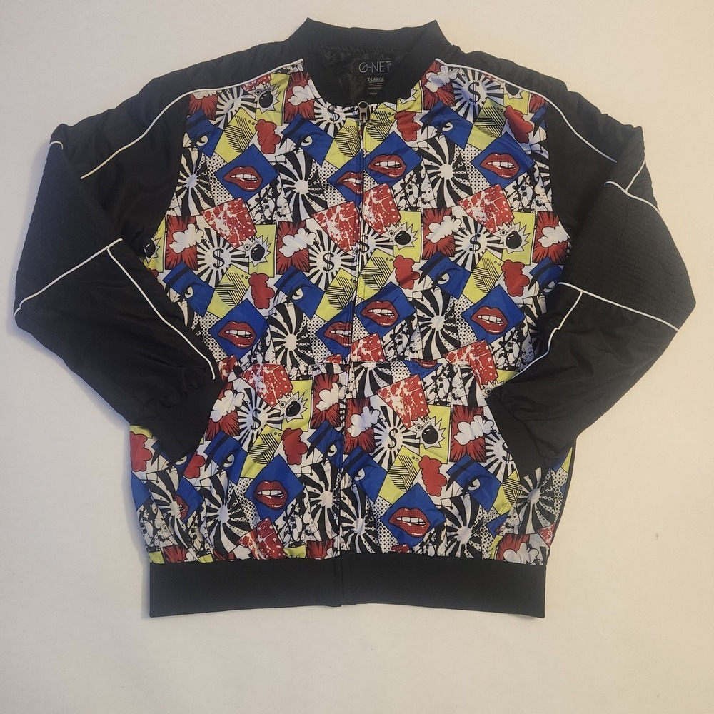 G-NET Pop Art Comic Print Windbreaker  Men's XL Black Full Zip Track Jacket